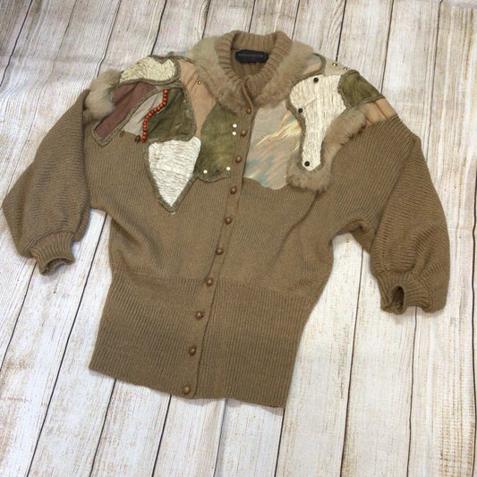 Vintage Crochetta Beige Brown Beaded Cardigan w/Shoulder Pads Size Ch44" (approx.)