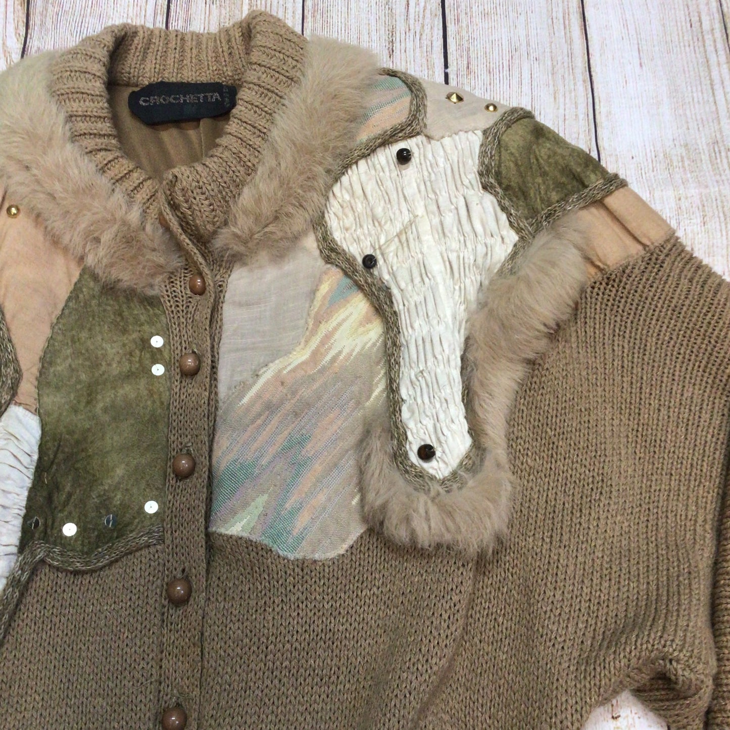 Vintage Crochetta Beige Brown Beaded Cardigan w/Shoulder Pads Size Ch44" (approx.)