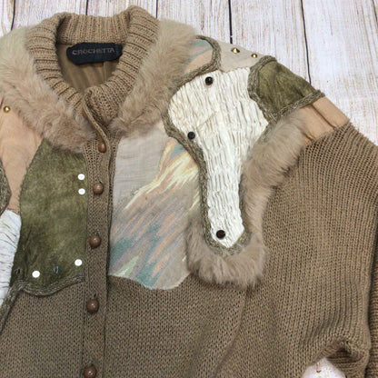 Vintage Crochetta Beige Brown Beaded Cardigan w/Shoulder Pads Size Ch44" (approx.)