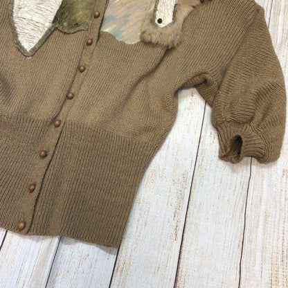 Vintage Crochetta Beige Brown Beaded Cardigan w/Shoulder Pads Size Ch44" (approx.)