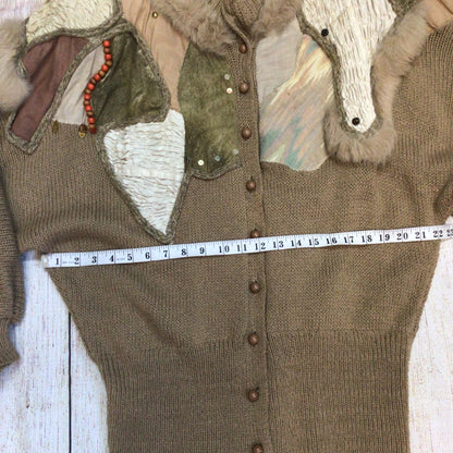 Vintage Crochetta Beige Brown Beaded Cardigan w/Shoulder Pads Size Ch44" (approx.)