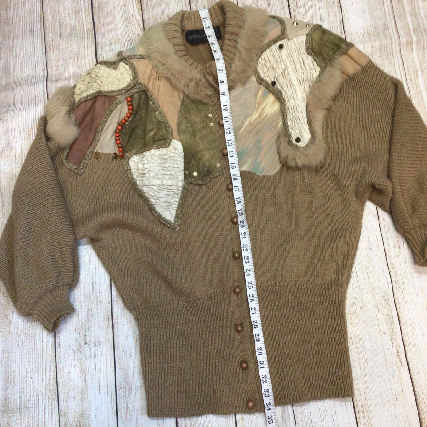 Vintage Crochetta Beige Brown Beaded Cardigan w/Shoulder Pads Size Ch44" (approx.)