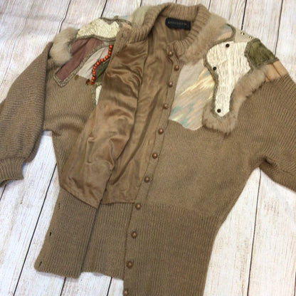 Vintage Crochetta Beige Brown Beaded Cardigan w/Shoulder Pads Size Ch44" (approx.)