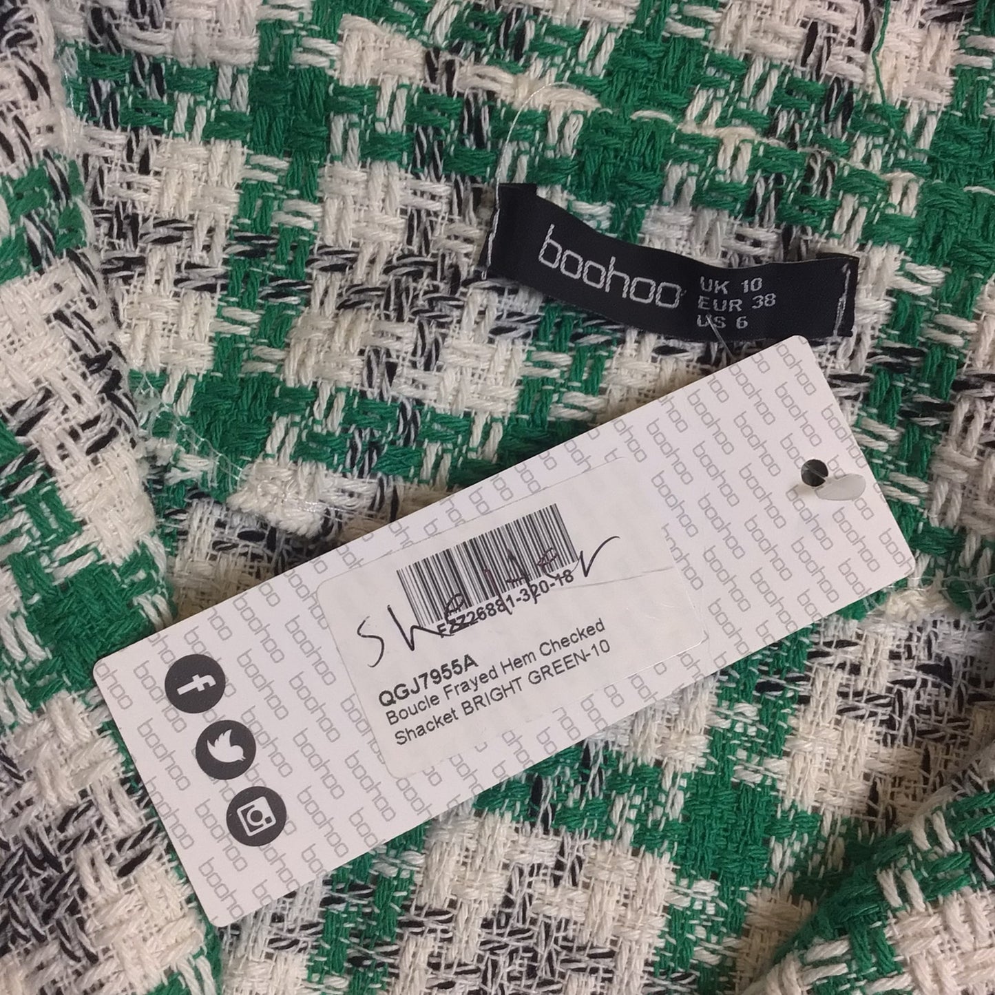 BNWT Boohoo Green & White Boucle Frayed Hem Checked Shacket Size 10