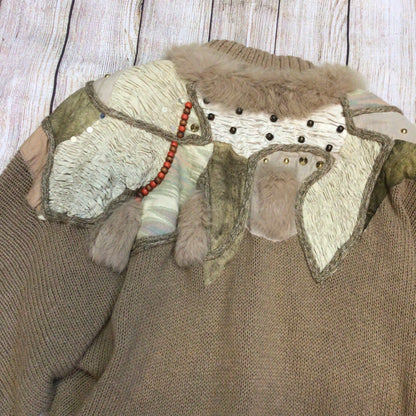 Vintage Crochetta Beige Brown Beaded Cardigan w/Shoulder Pads Size Ch44" (approx.)