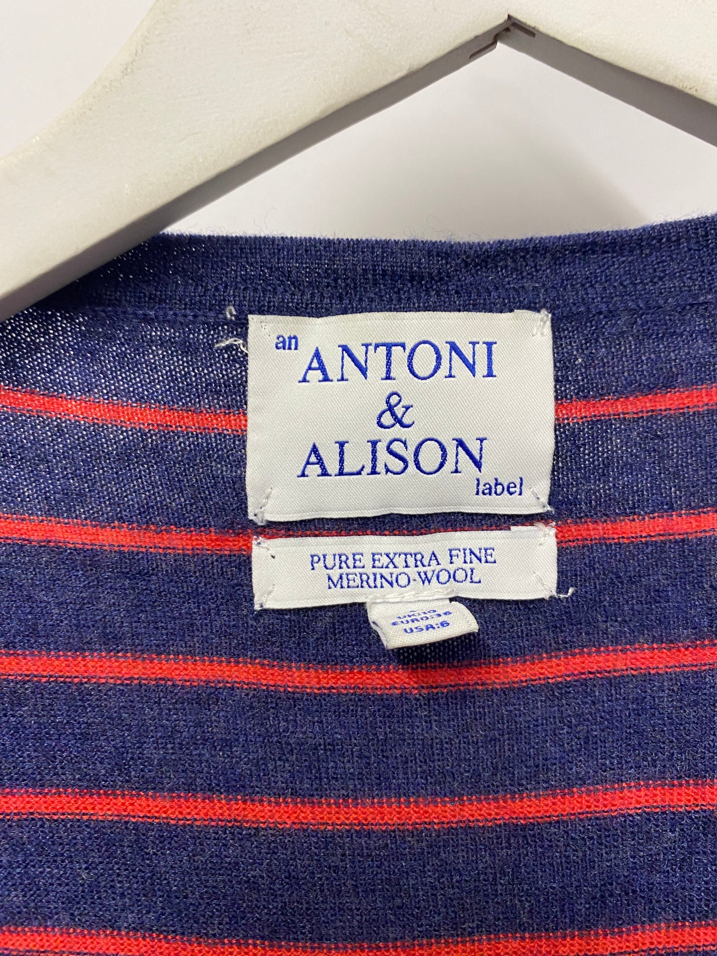 Antoni & Alison Blue, Red Cream & Brown Striped Merino Wool Cardigan 10
