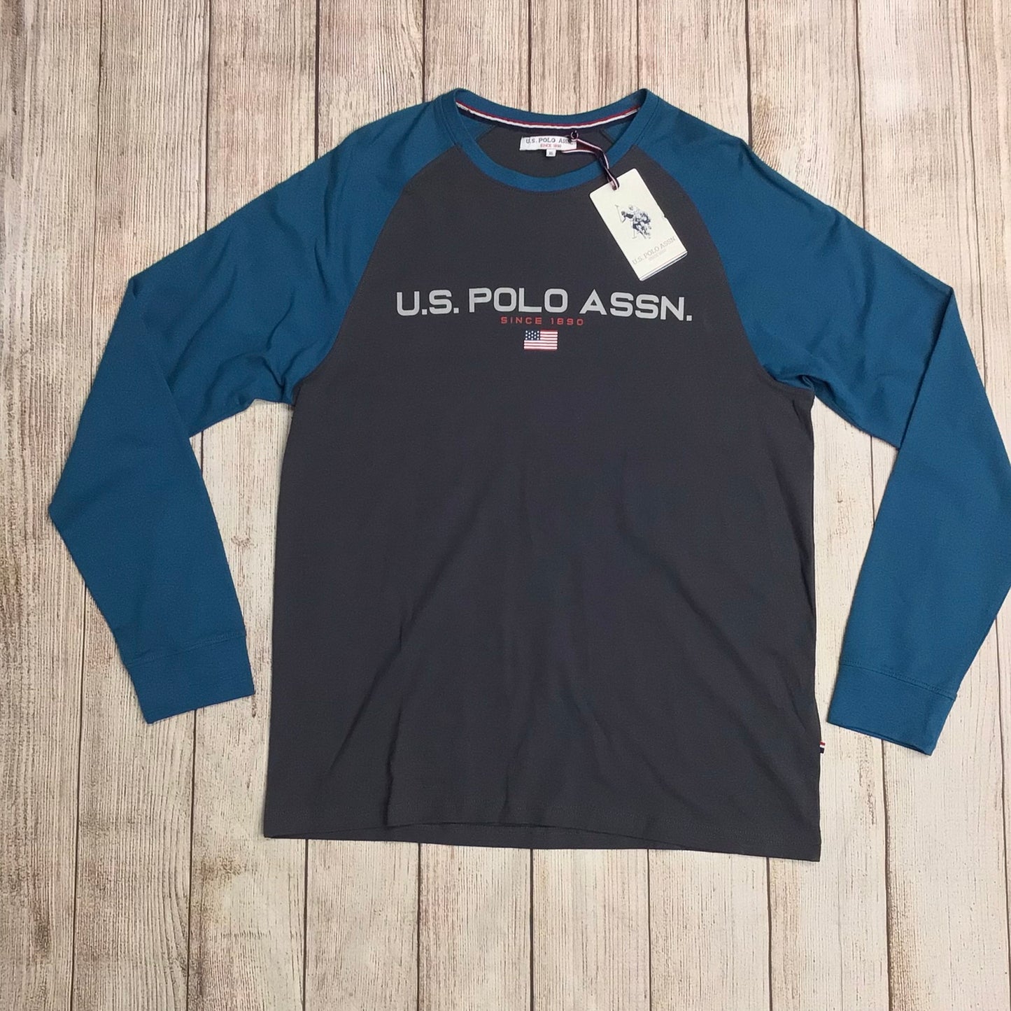 BNWT US Polo Assn Teal Blue & Grey Raglan Long Sleeve Top Size XL