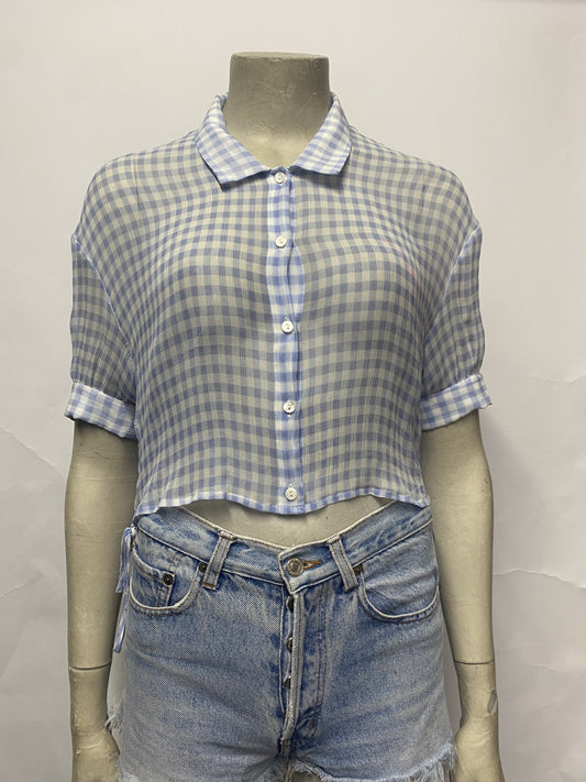 The Kooples Blue and White Silk Gingham Cropped Top Small