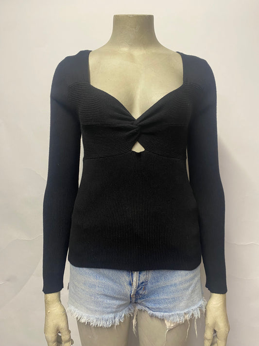 Nobody's Child Black Ribbed Stretch Knit Sweetheart Neck Top Small