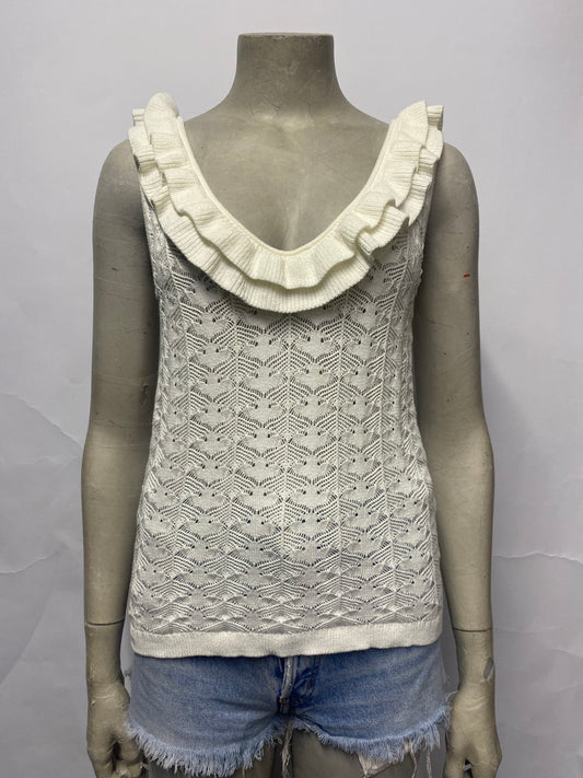 Maje White Sleeveless Ruffle Knit Vest Small