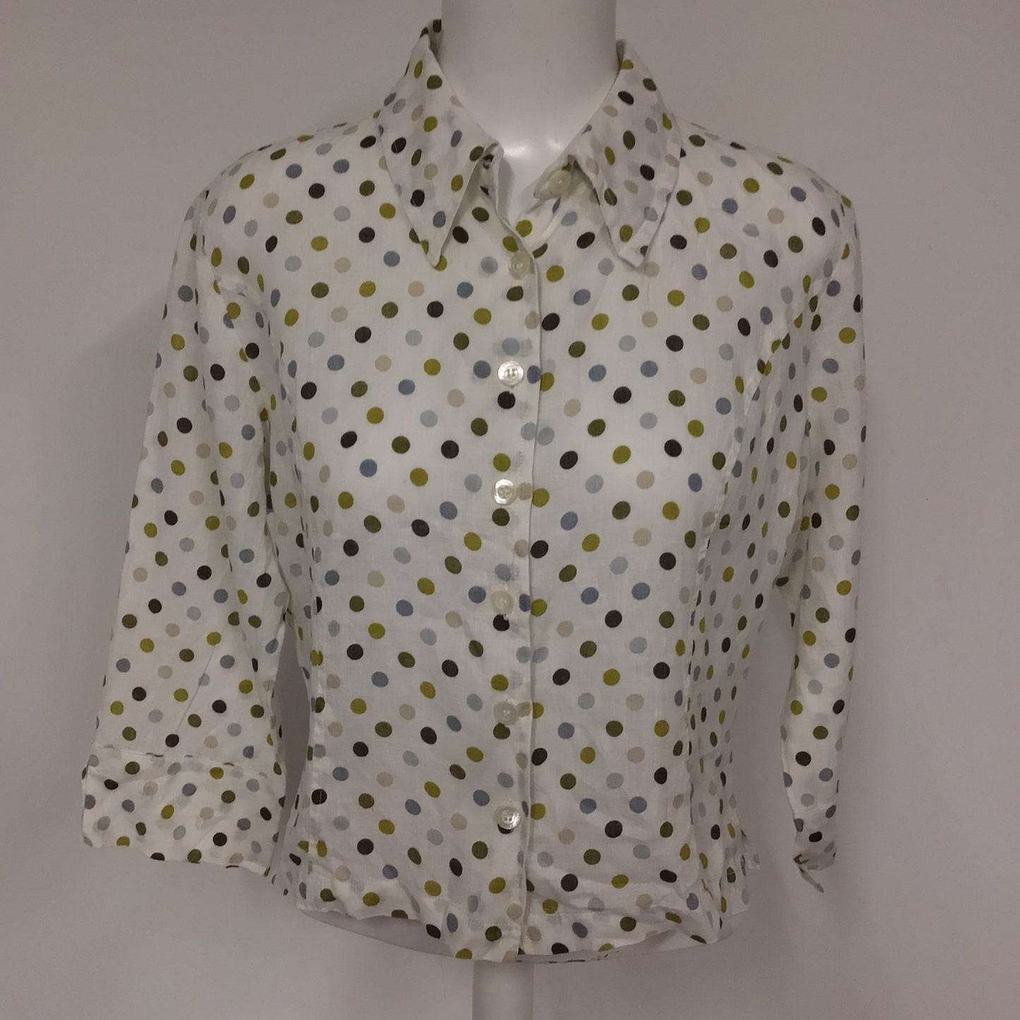 Hobbs Cream & Green Polka Dot 100% Linen 3/4 Sleeve Blouse Top Size 14