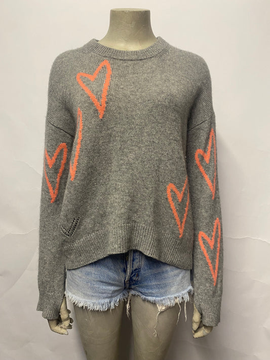 Zadig and Voltaire Grey and Pink Heart Cashmere Jumper XS