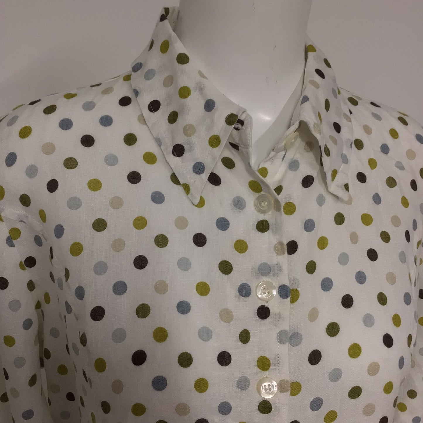 Hobbs Cream & Green Polka Dot 100% Linen 3/4 Sleeve Blouse Top Size 14