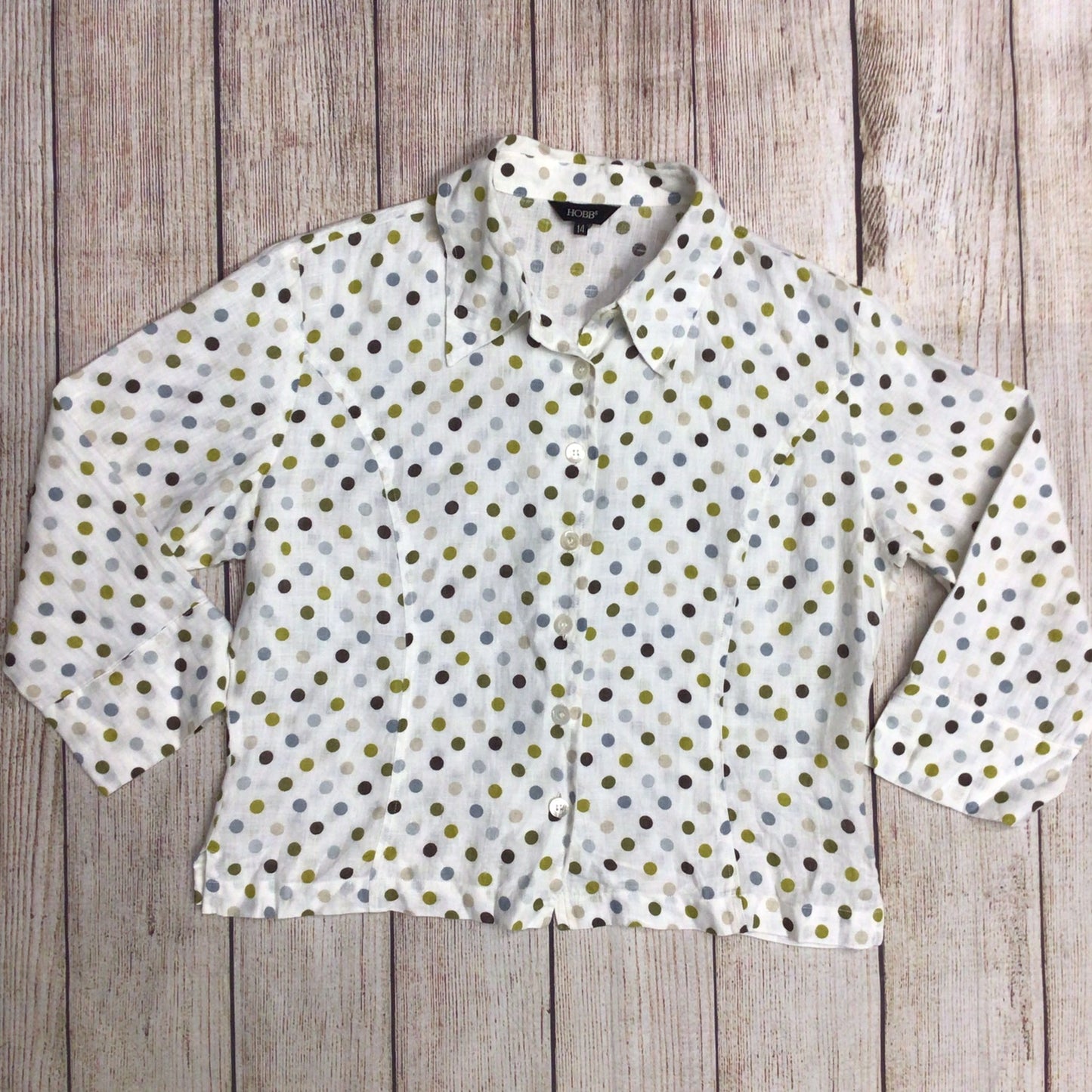 Hobbs Cream & Green Polka Dot 100% Linen 3/4 Sleeve Blouse Top Size 14