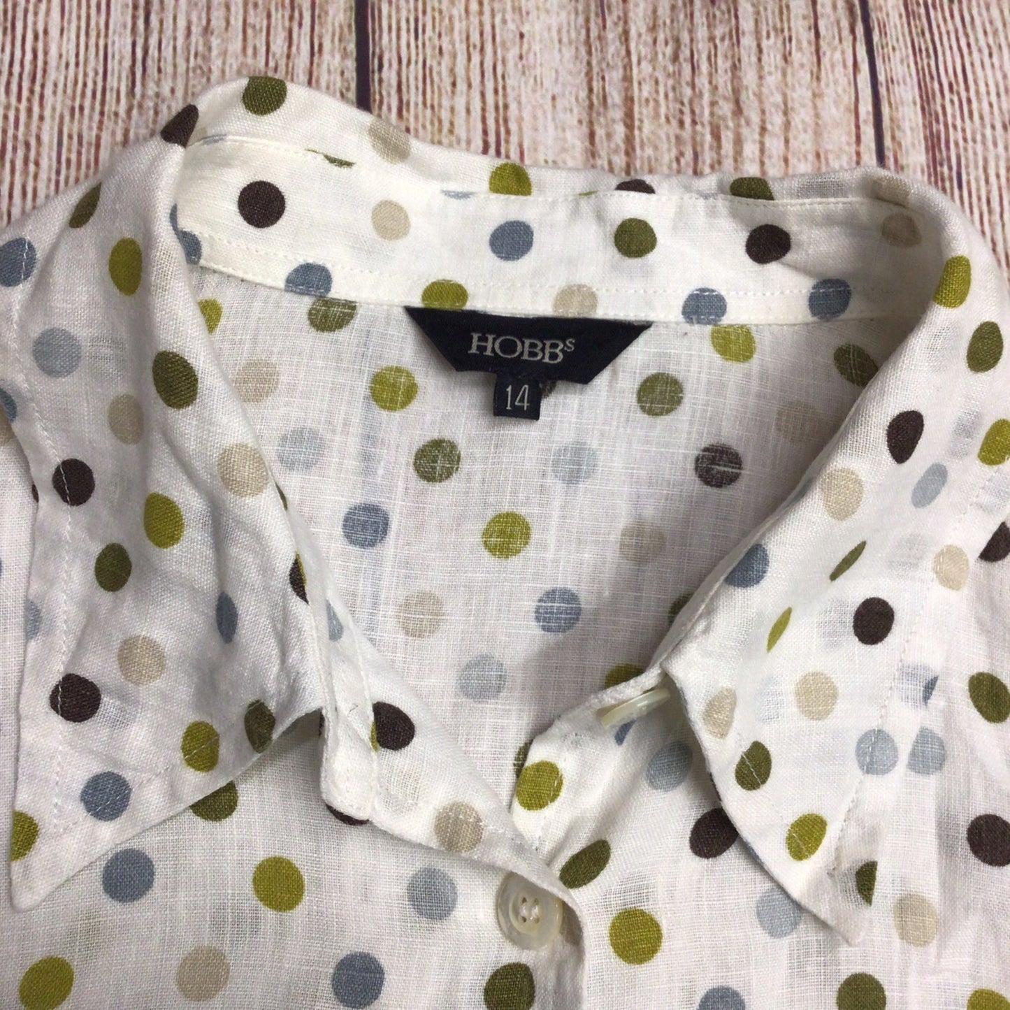 Hobbs Cream & Green Polka Dot 100% Linen 3/4 Sleeve Blouse Top Size 14