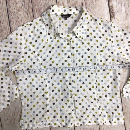 Hobbs Cream & Green Polka Dot 100% Linen 3/4 Sleeve Blouse Top Size 14