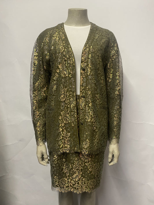 Angelo Tarriazzi Green and Gold Lace Vintage Skirt Suit Small
