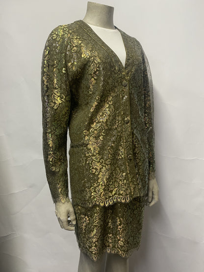 Angelo Tarriazzi Green and Gold Lace Vintage Skirt Suit Small