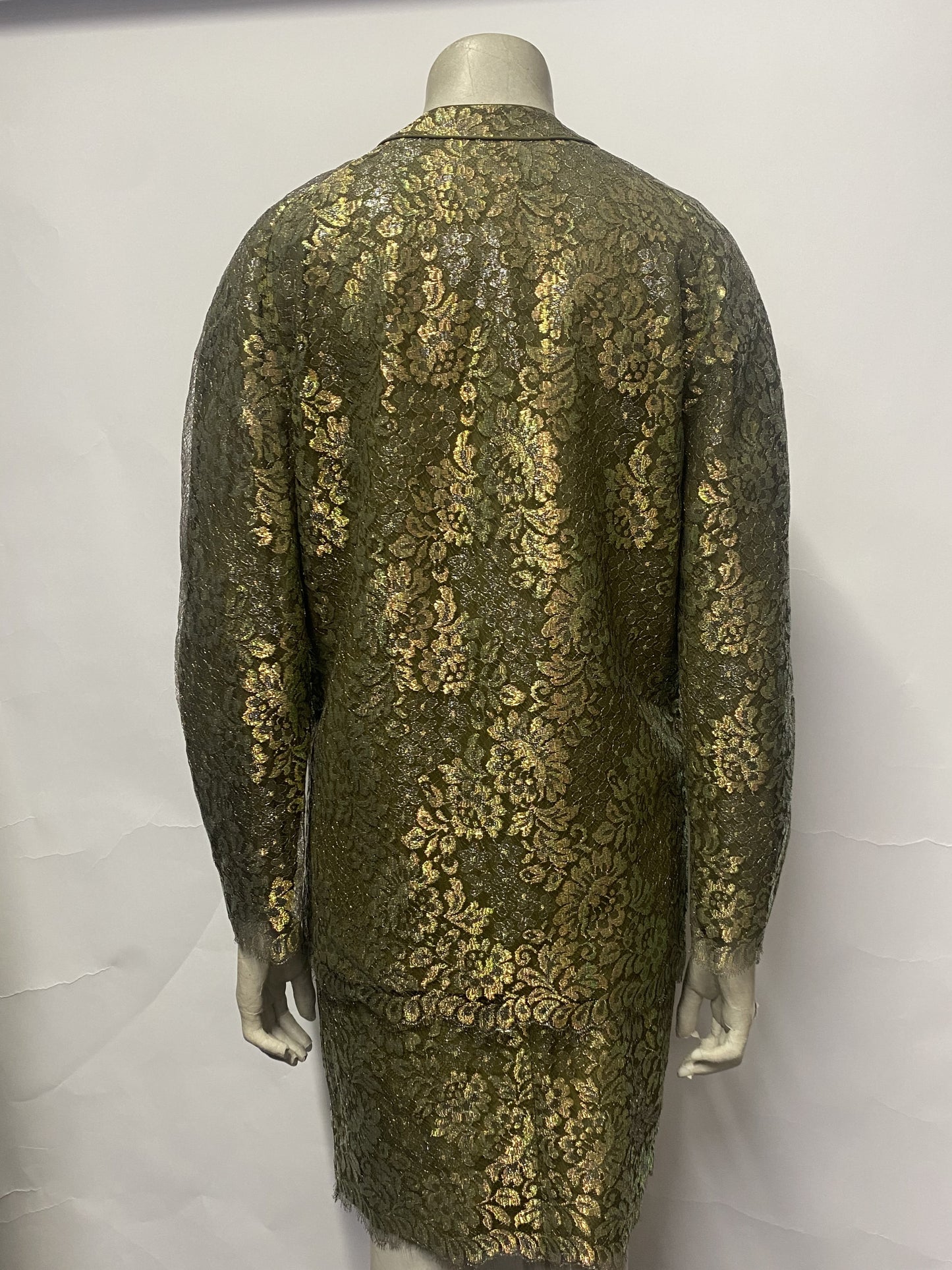 Angelo Tarriazzi Green and Gold Lace Vintage Skirt Suit Small