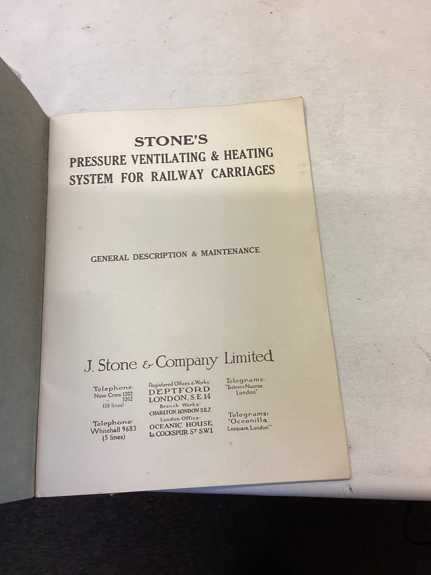 Stone's Pressure Ventilating & Heating System for Railway Carriages General Description & Maintenance