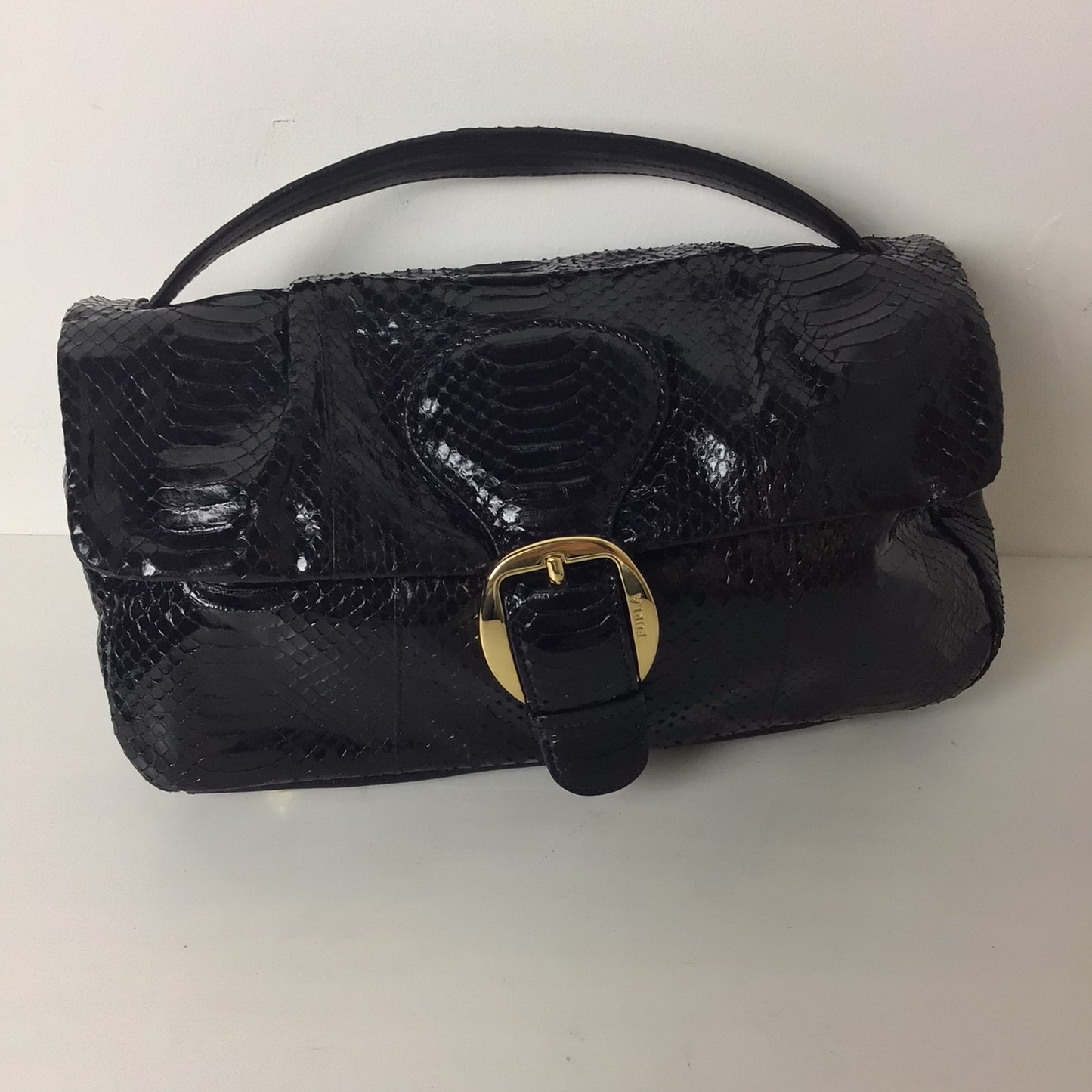 Furla Black Buckle Leather Lizard Print Bag/Purse w/Dust Bag