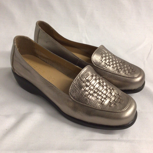 M&S Footglove Gold Metallic Slip On Leather Loafers Size 6 UK Wide Fit