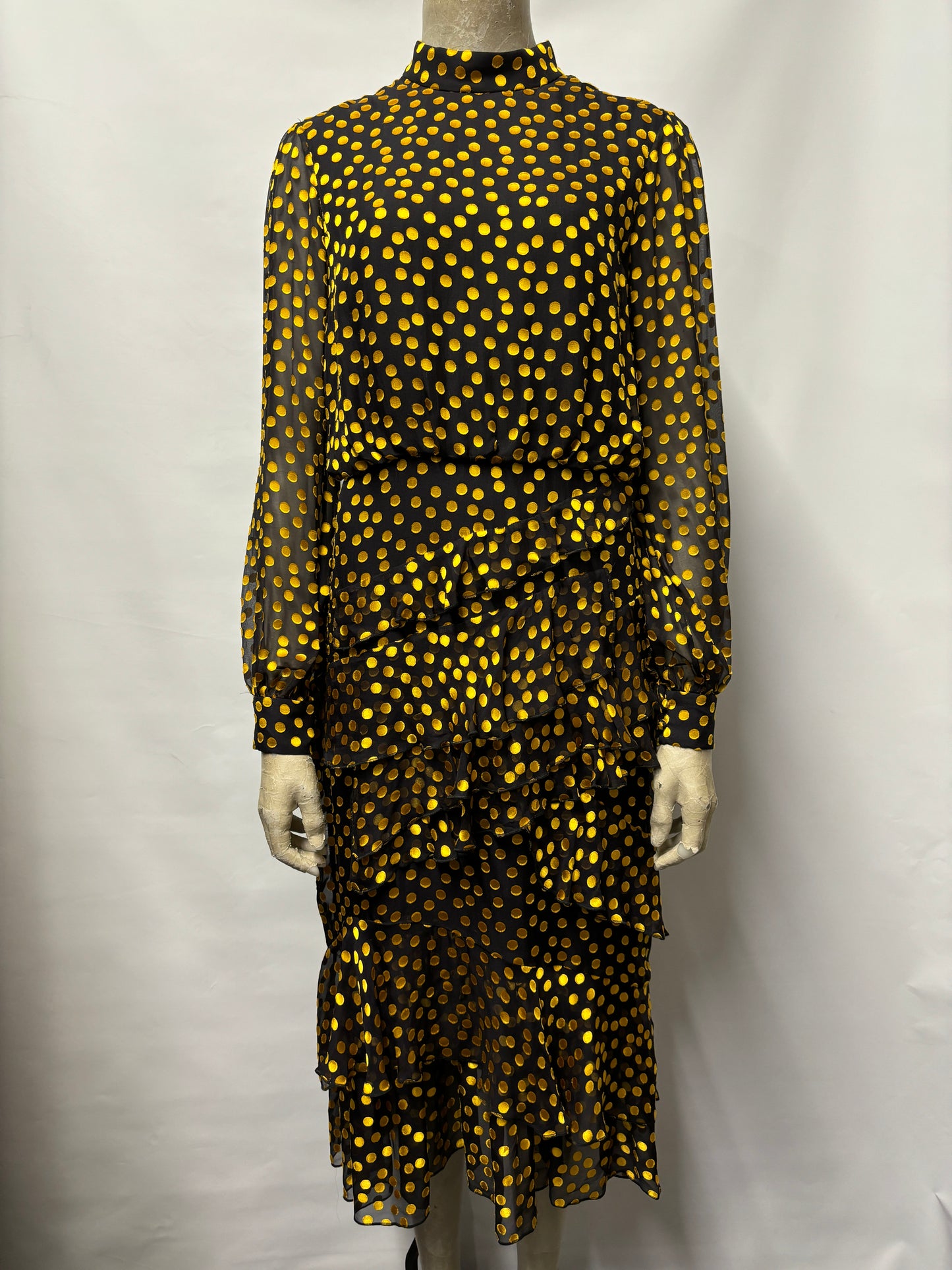 Saloni Black and Gold Textured Polka Dot Sheer Ruffled Dress 10