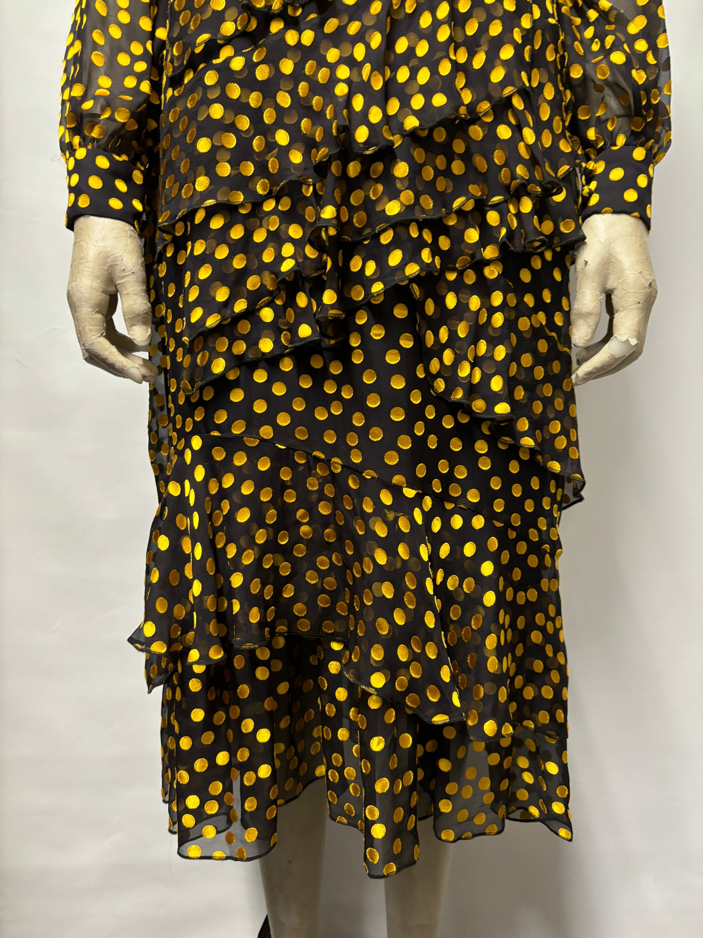 Saloni Black and Gold Textured Polka Dot Sheer Ruffled Dress 10