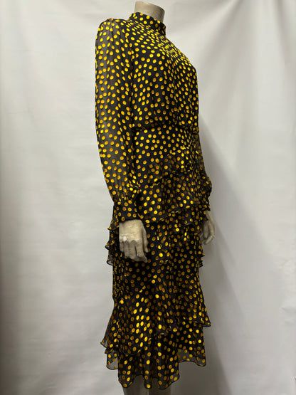 Saloni Black and Gold Textured Polka Dot Sheer Ruffled Dress 10