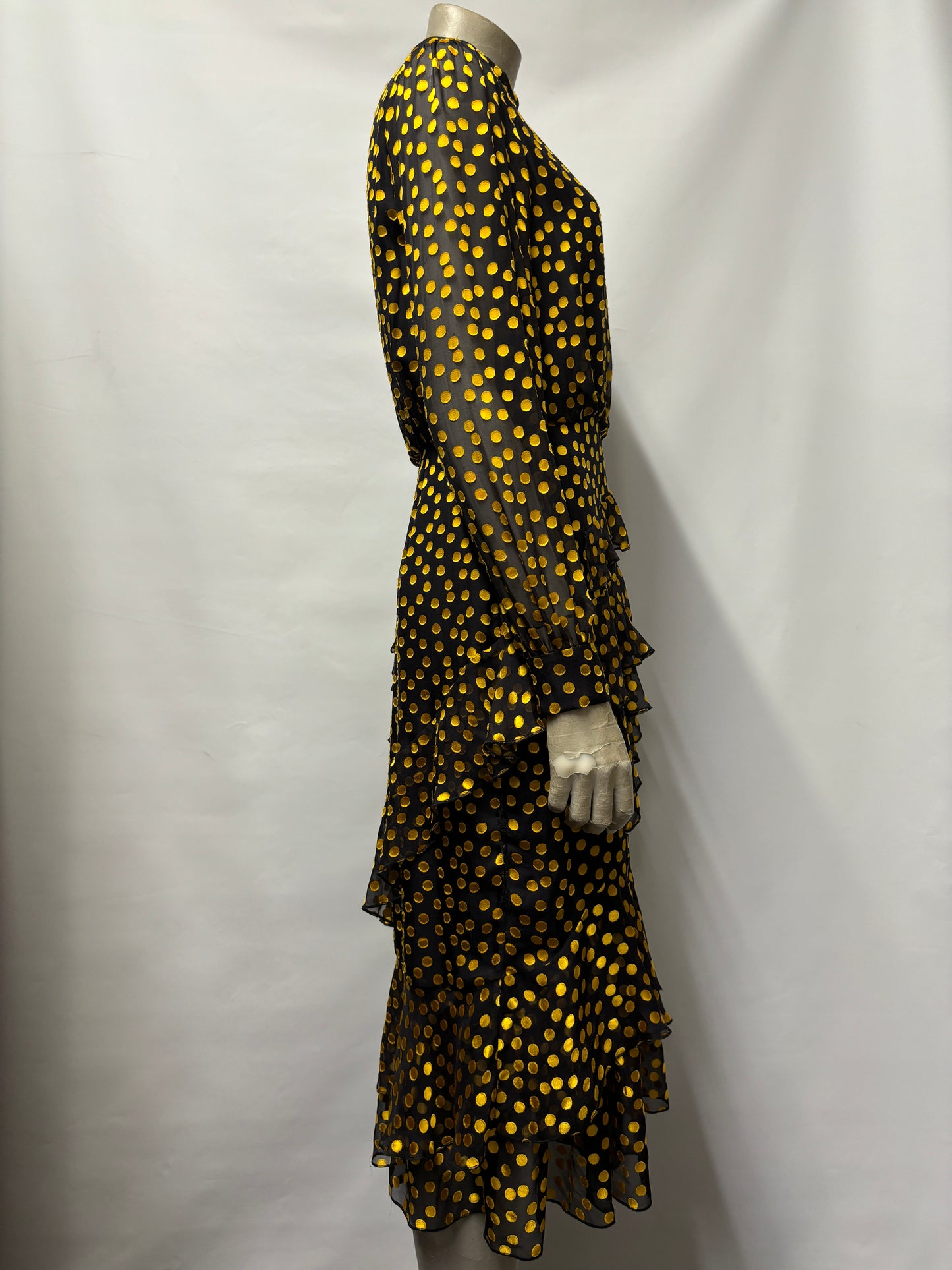 Saloni Black and Gold Textured Polka Dot Sheer Ruffled Dress 10