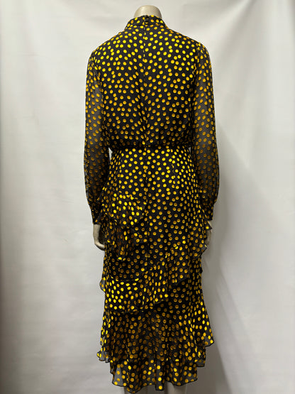 Saloni Black and Gold Textured Polka Dot Sheer Ruffled Dress 10