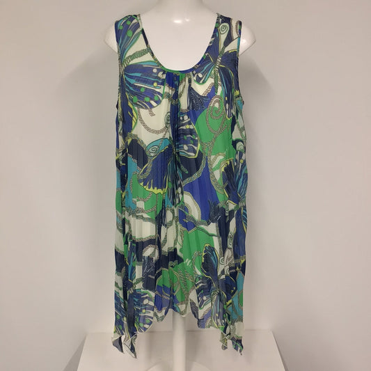 BNWT Izabel London Multi Blue & Green Sleeveless Rouched Printed Tunic Top Size 12