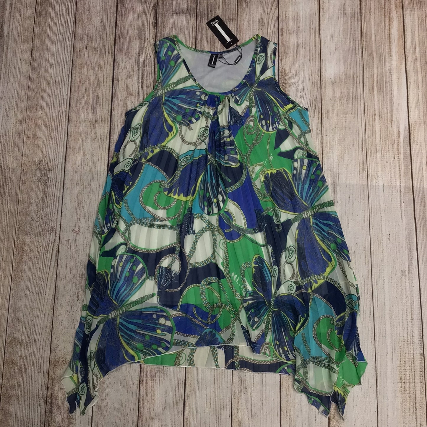 BNWT Izabel London Multi Blue & Green Sleeveless Rouched Printed Tunic Top Size 12