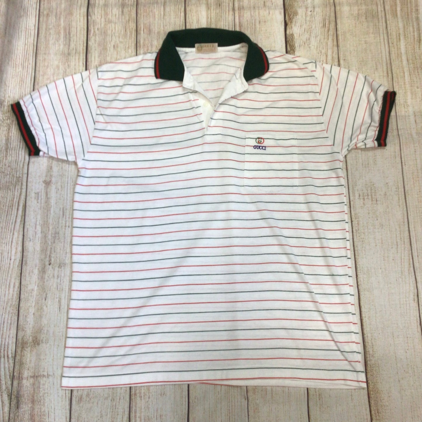 Vintage Gucci White Red Green Striped Cotton Polo Shirt Size Ch46 (approx.)