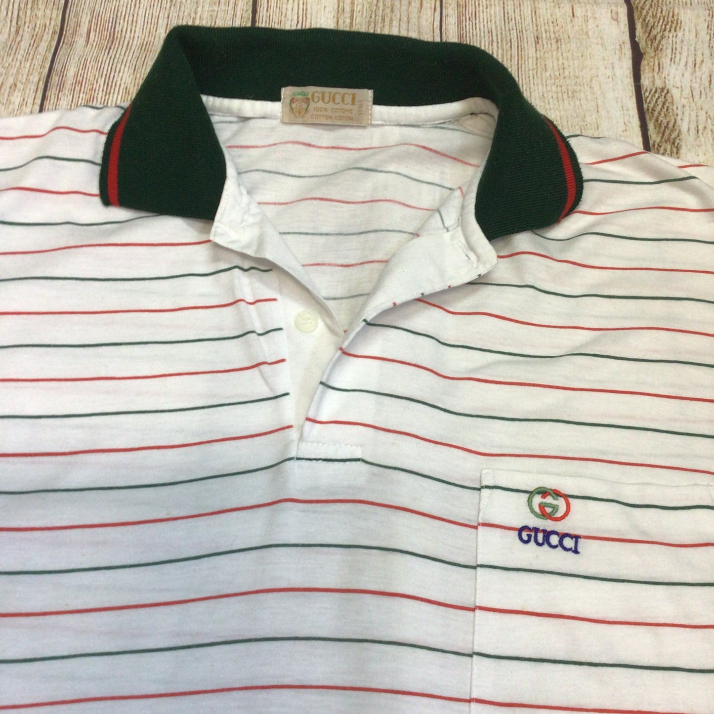 Vintage Gucci White Red Green Striped Cotton Polo Shirt Size Ch46 (approx.)