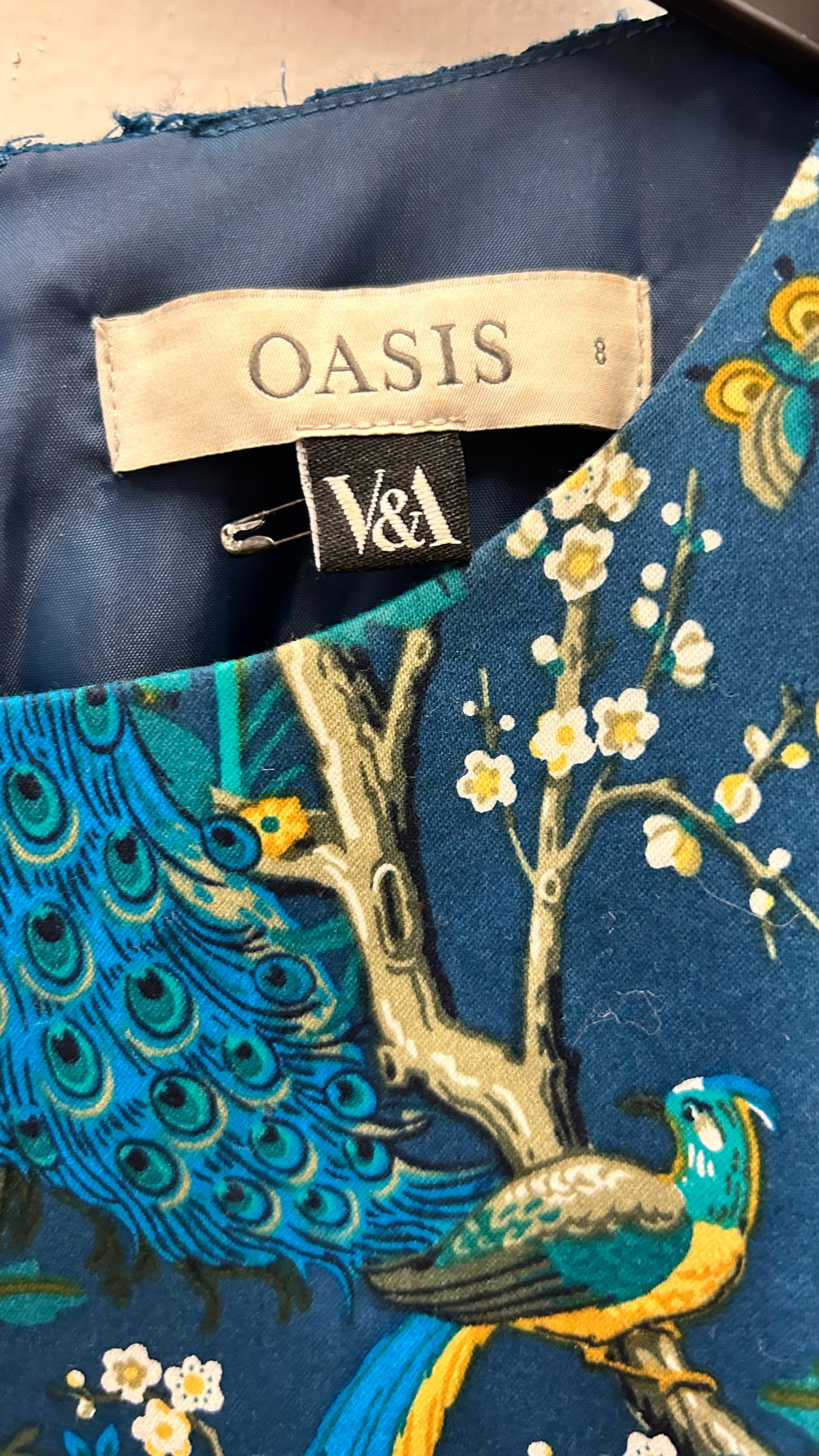 Oasis V&A Dress, size 8, Aqua Peacock pattern