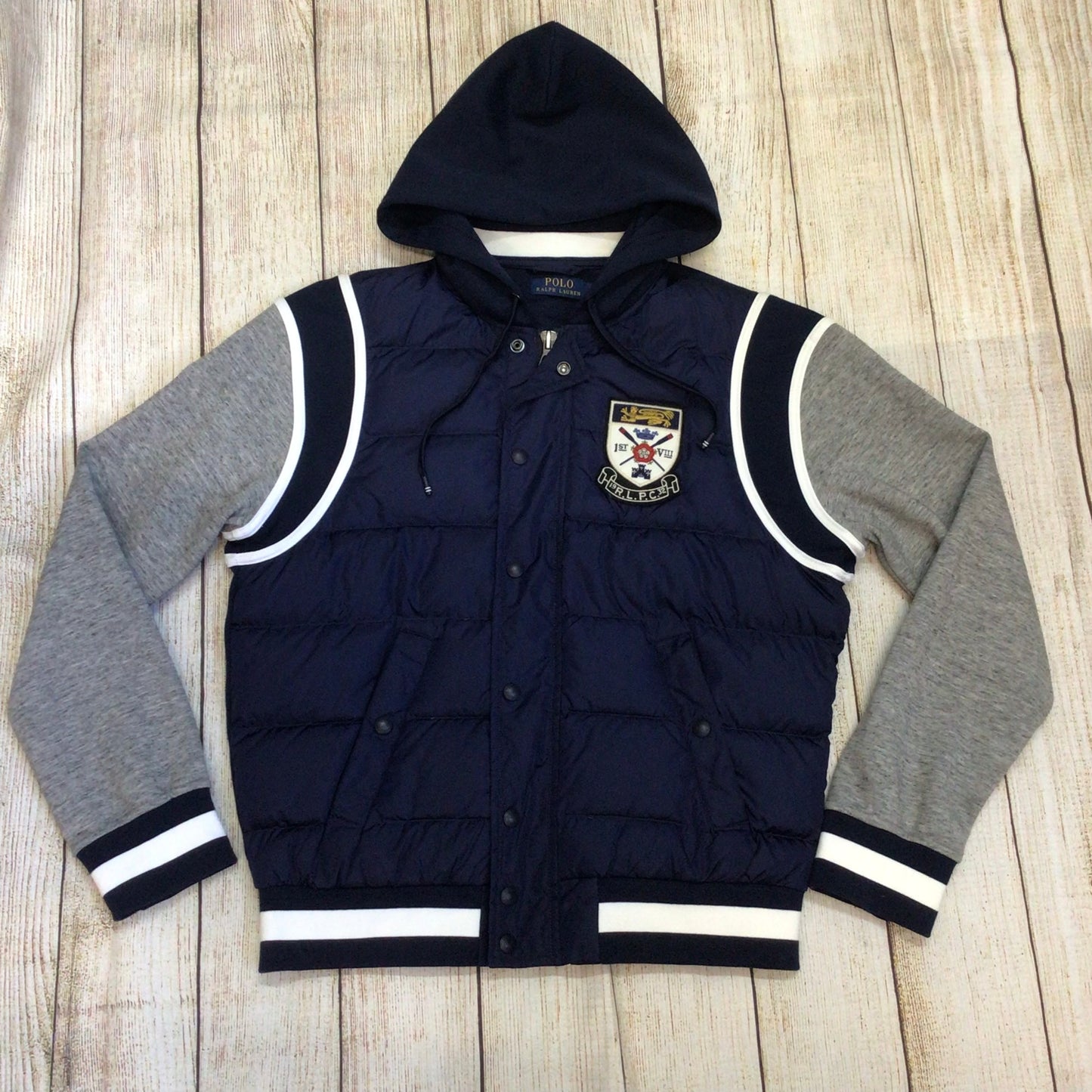 Polo Ralph Lauren Blue Down Jacket w/Grey Jersey Sleeves Size S