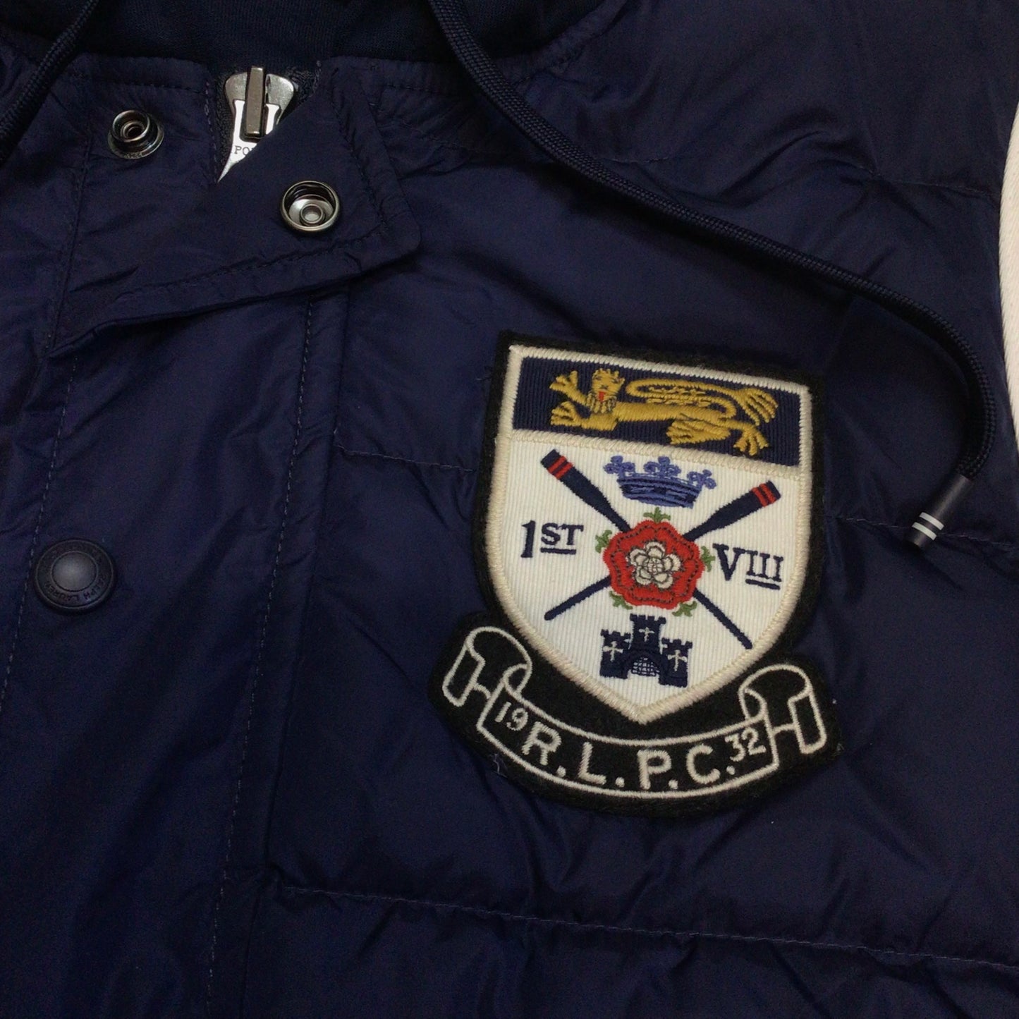 Polo Ralph Lauren Blue Down Jacket w/Grey Jersey Sleeves Size S