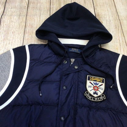 Polo Ralph Lauren Blue Down Jacket w/Grey Jersey Sleeves Size S
