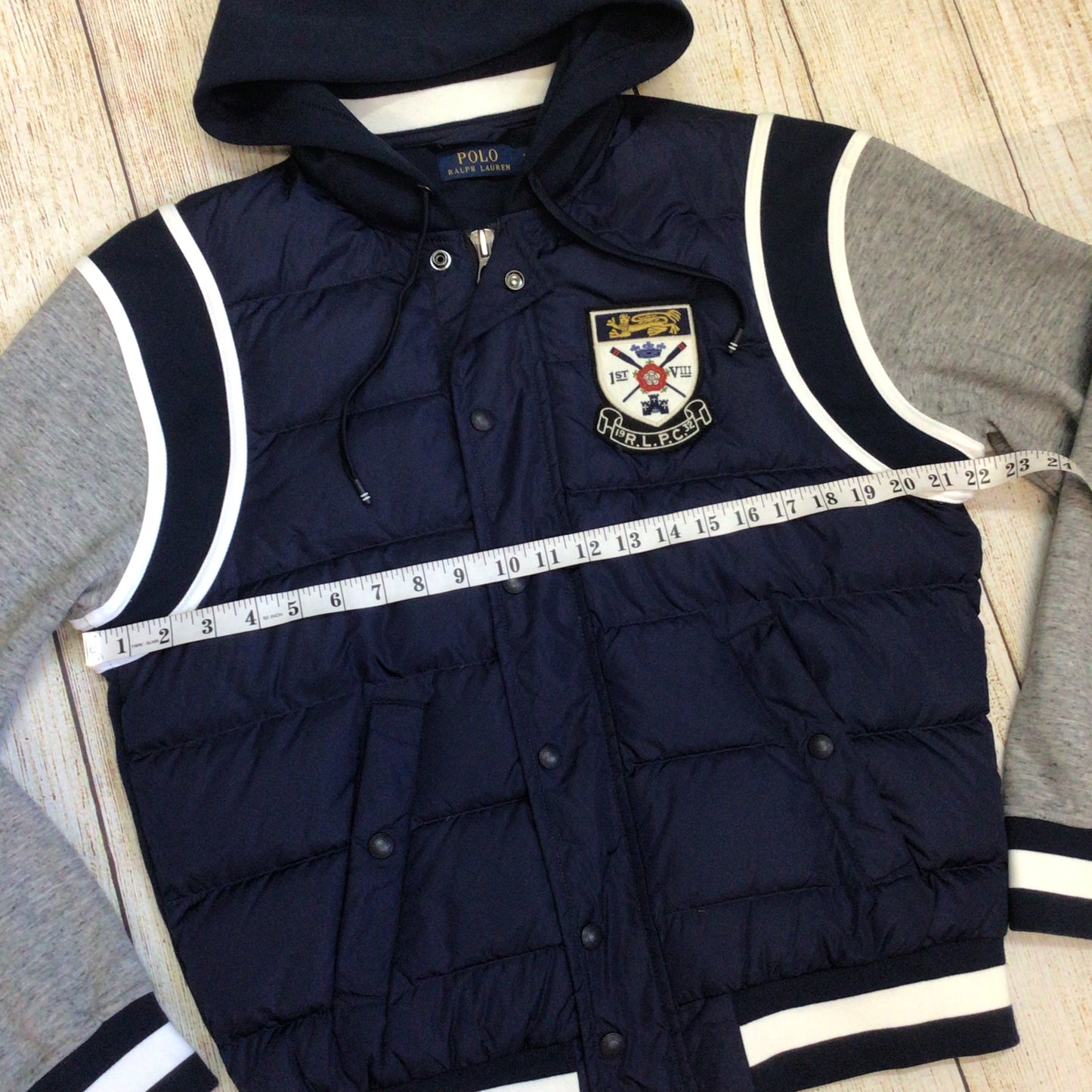 Polo Ralph Lauren Blue Down Jacket w/Grey Jersey Sleeves Size S