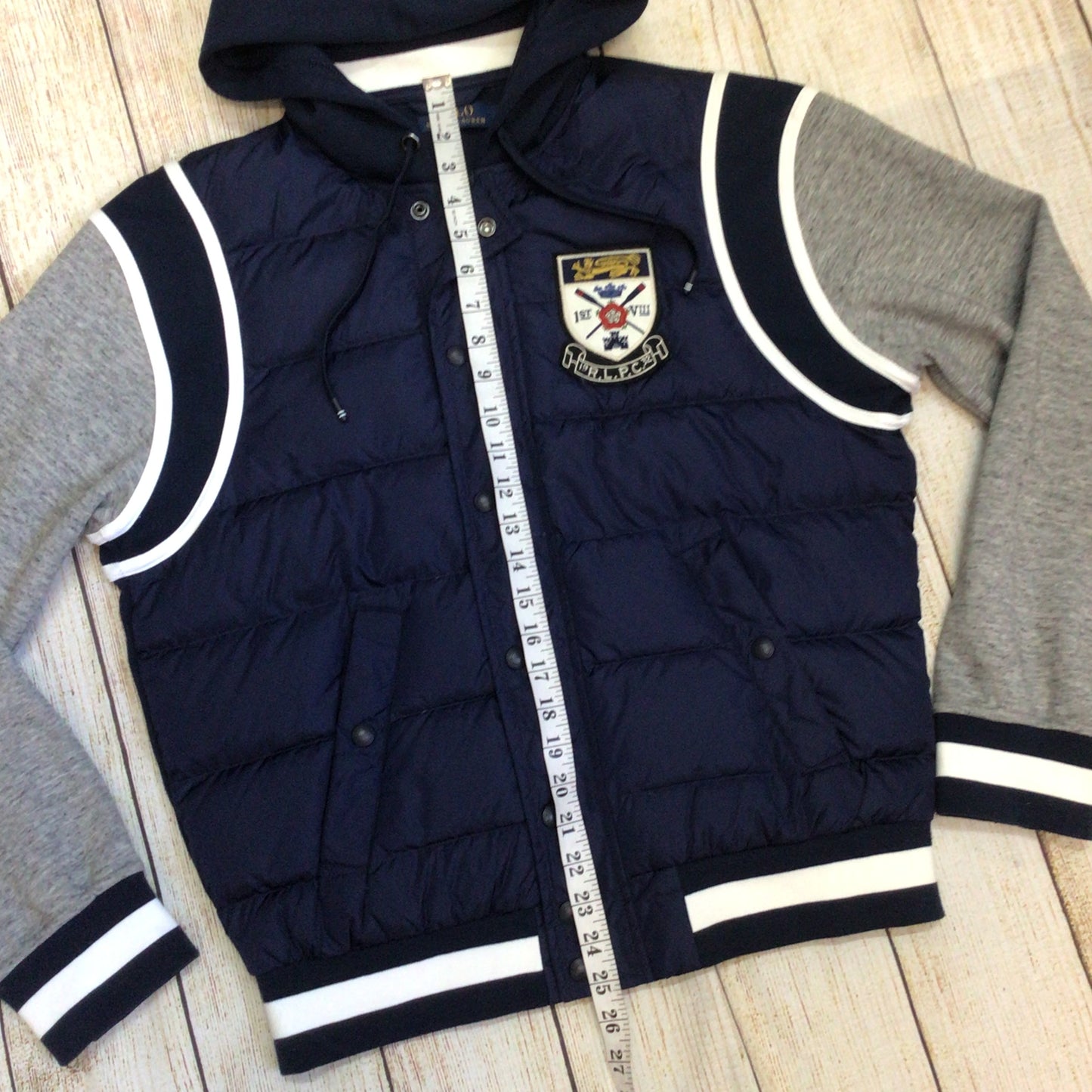 Polo Ralph Lauren Blue Down Jacket w/Grey Jersey Sleeves Size S