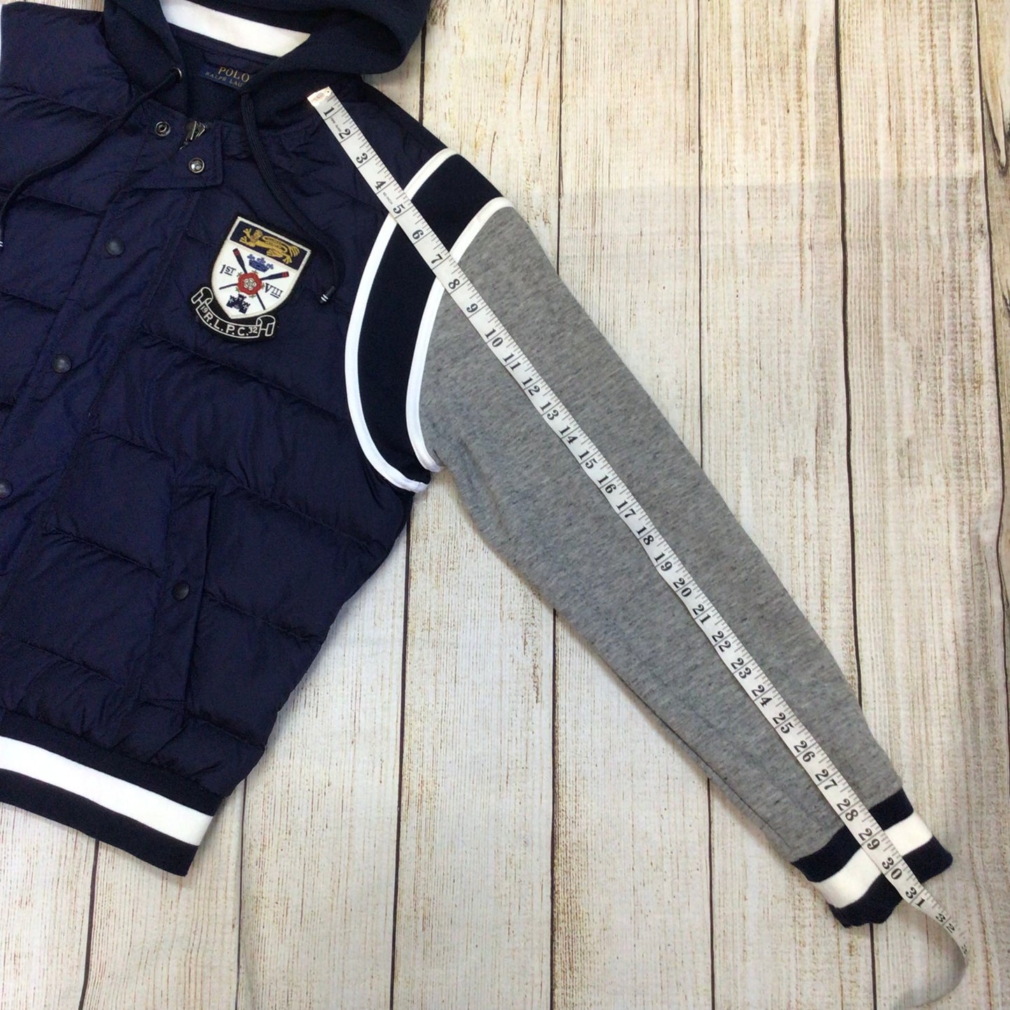 Polo Ralph Lauren Blue Down Jacket w/Grey Jersey Sleeves Size S