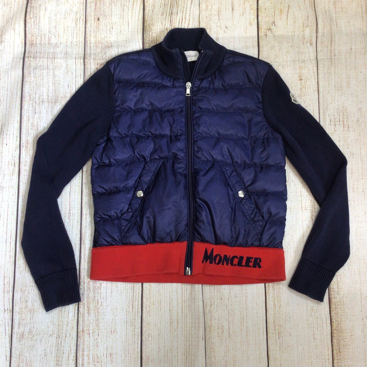 Moncler Maglia Tricot Blue Cotton Down Feather Cardigan Size 10A kids 140cm
