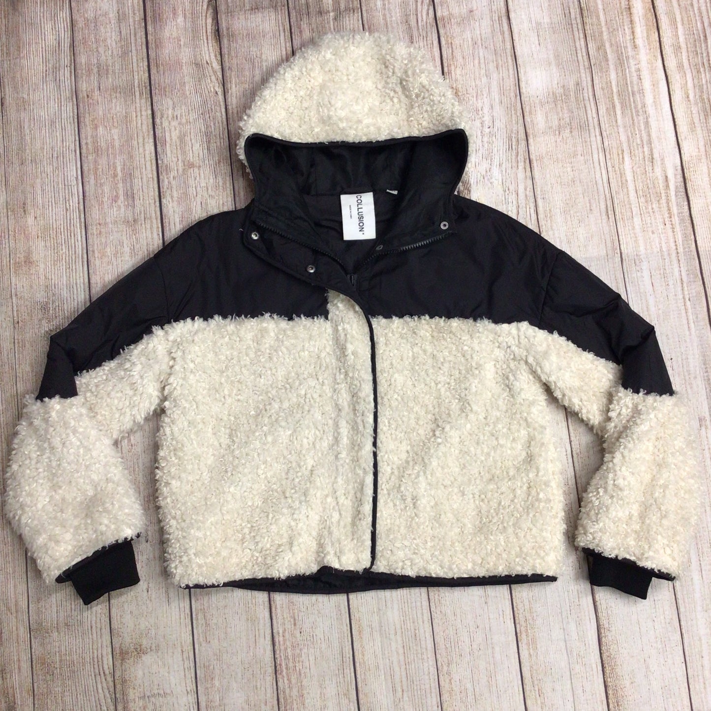 Collusion Black & Cream Nylon & Borg Mix Jacket Size 8