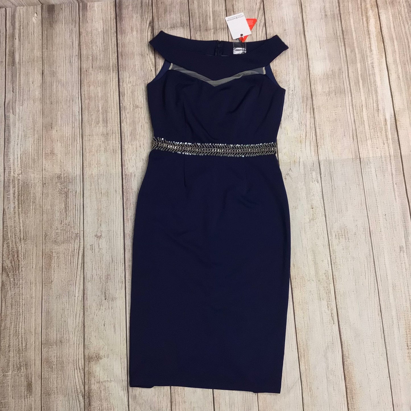 BNWT Little Mistress Navy Blue Boat Neck Dress w/Beaded Detail Size 12