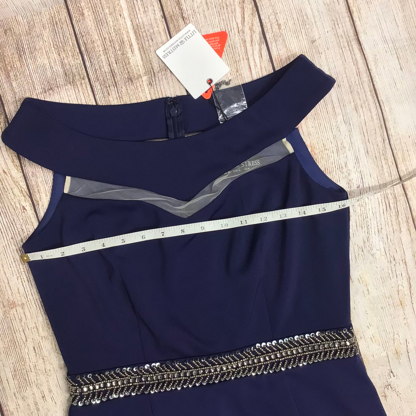 BNWT Little Mistress Navy Blue Boat Neck Dress w/Beaded Detail Size 12