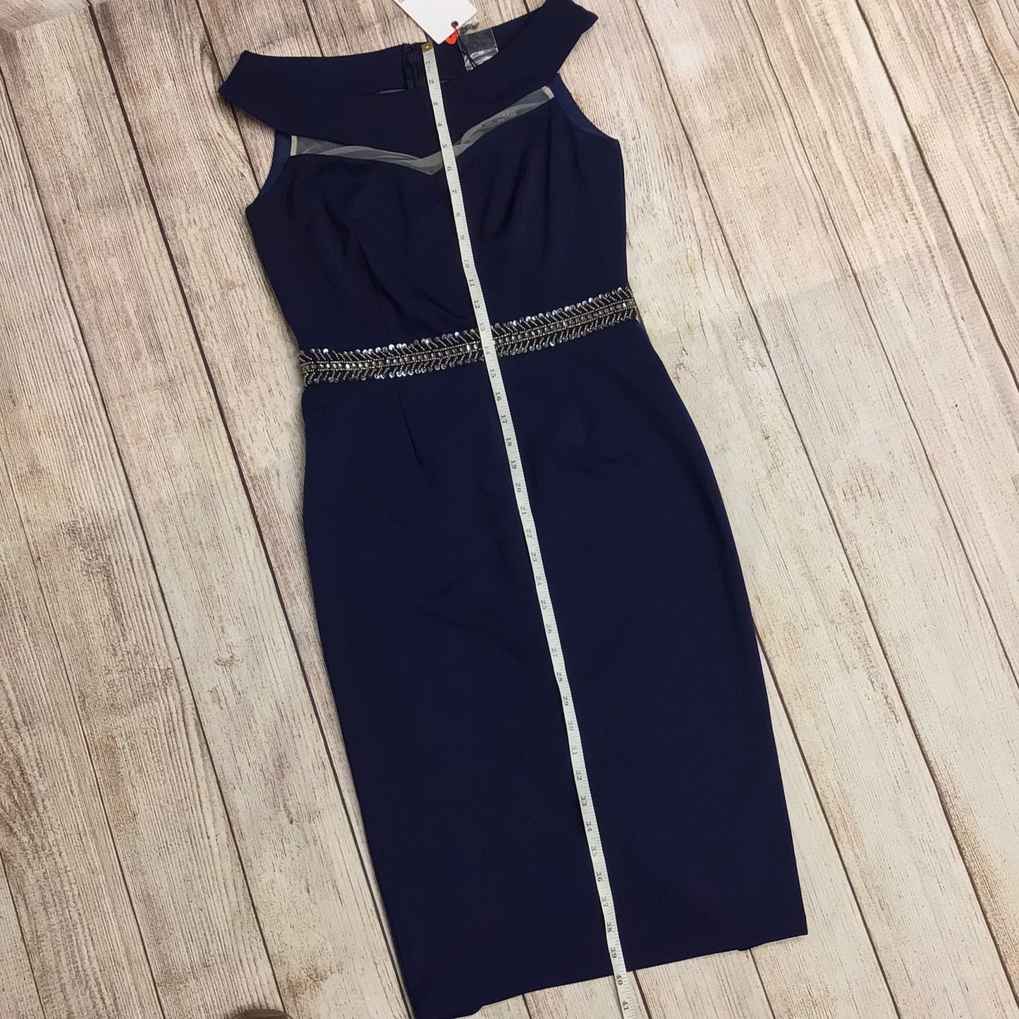 BNWT Little Mistress Navy Blue Boat Neck Dress w/Beaded Detail Size 12