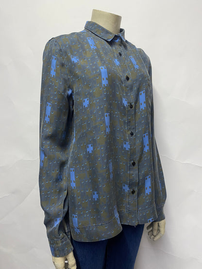 Freda Blue Patterned Long Sleeve Silk Shirt 14