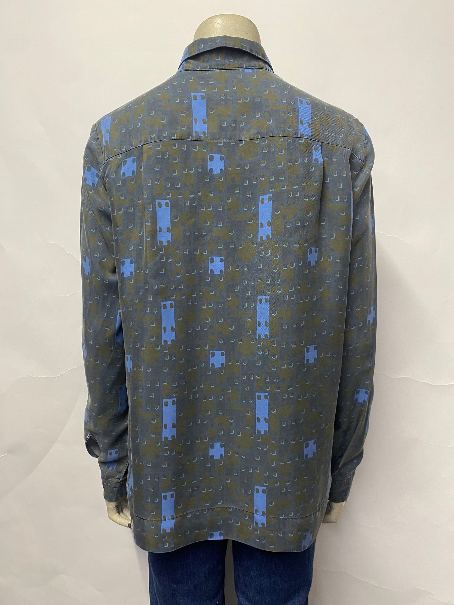 Freda Blue Patterned Long Sleeve Silk Shirt 14