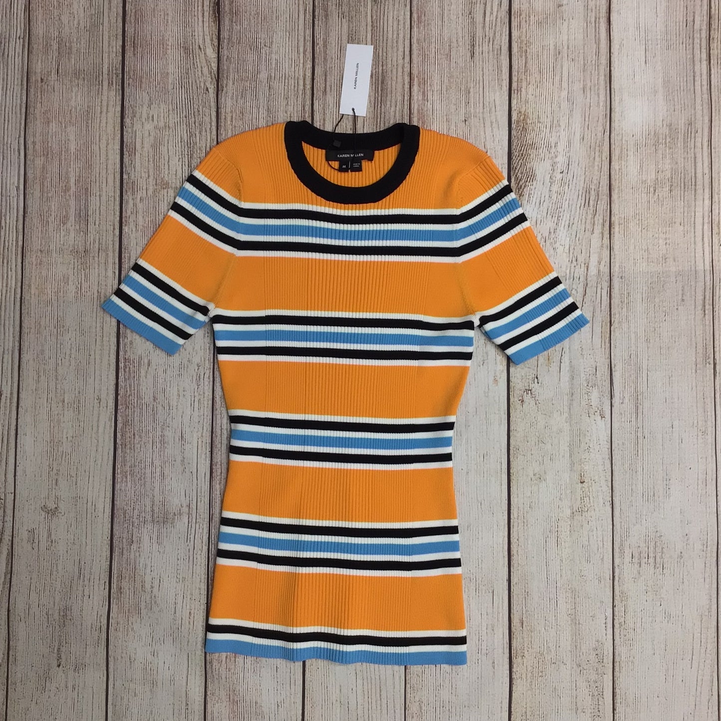 BNWT Karen Millen Orange, Blue, Black Rib Knit Stripe T Shirt Size M